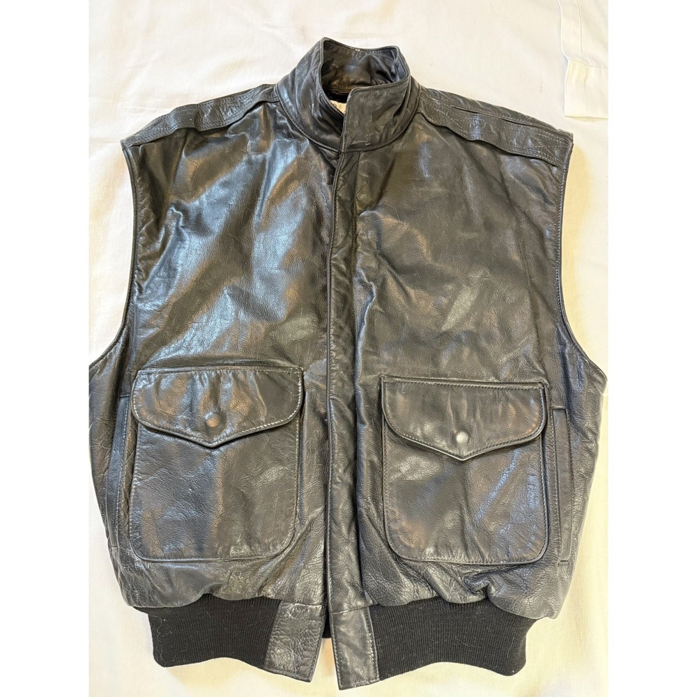 Vintage Peter James Leather Designs SF Black Leather Bomber Moto Vest Men's L